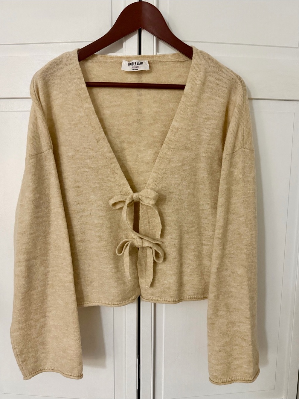 Double Zero Beige Tie-Front Cropped Cardigan
